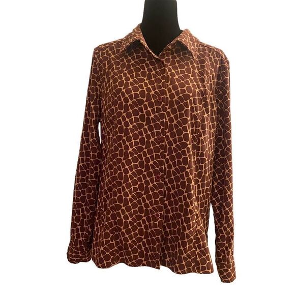 Denim & Co Long Sleeve Giraffe Print Button Down Vintage Y2K Top Size M - Picture 1 of 13